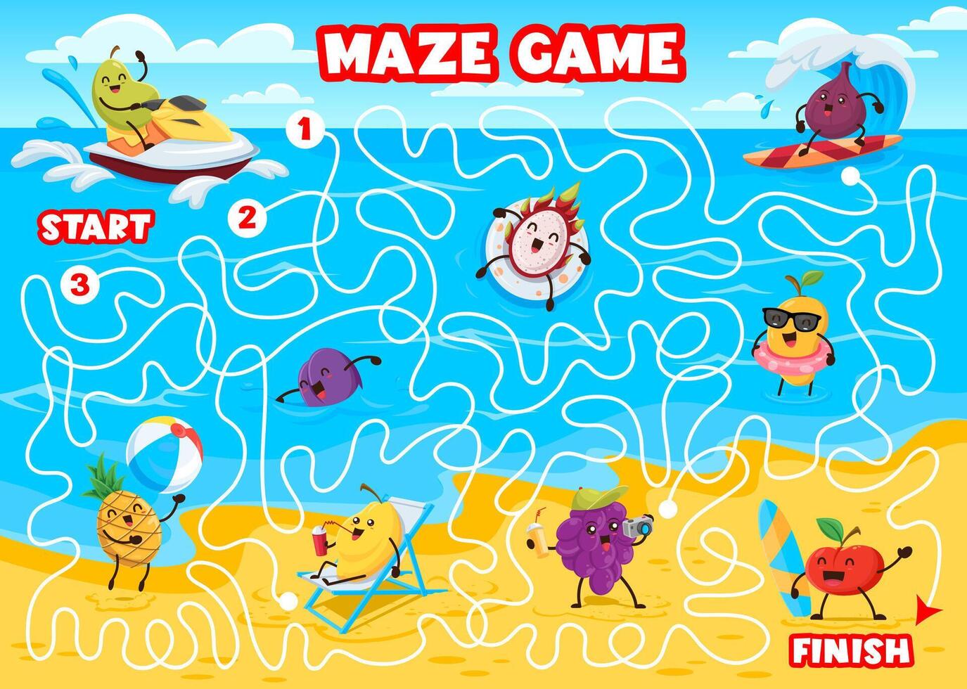 Labyrinth maze game, cartoon funny fruits on beach vector