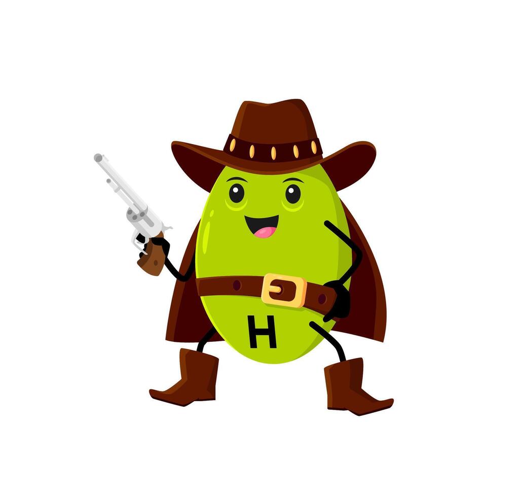 Cartoon vitamin H robber character, bandit cowboy vector