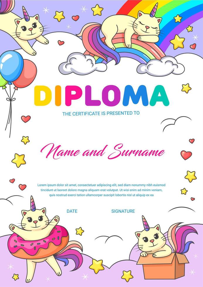 Kids diploma cartoon funny caticorns on rainbow vector