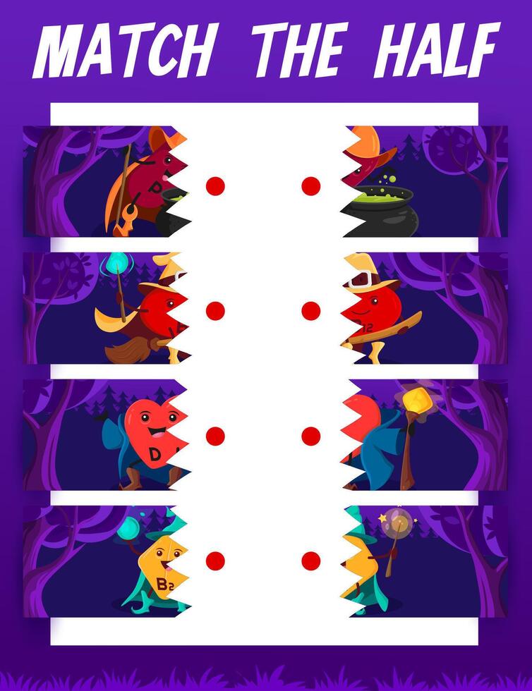 Match the half of cartoon vitamin wizards, riddle vector