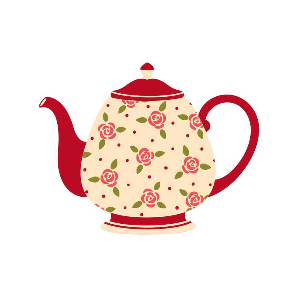 Retro ceramic teapot, cartoon porcelain kettle vector