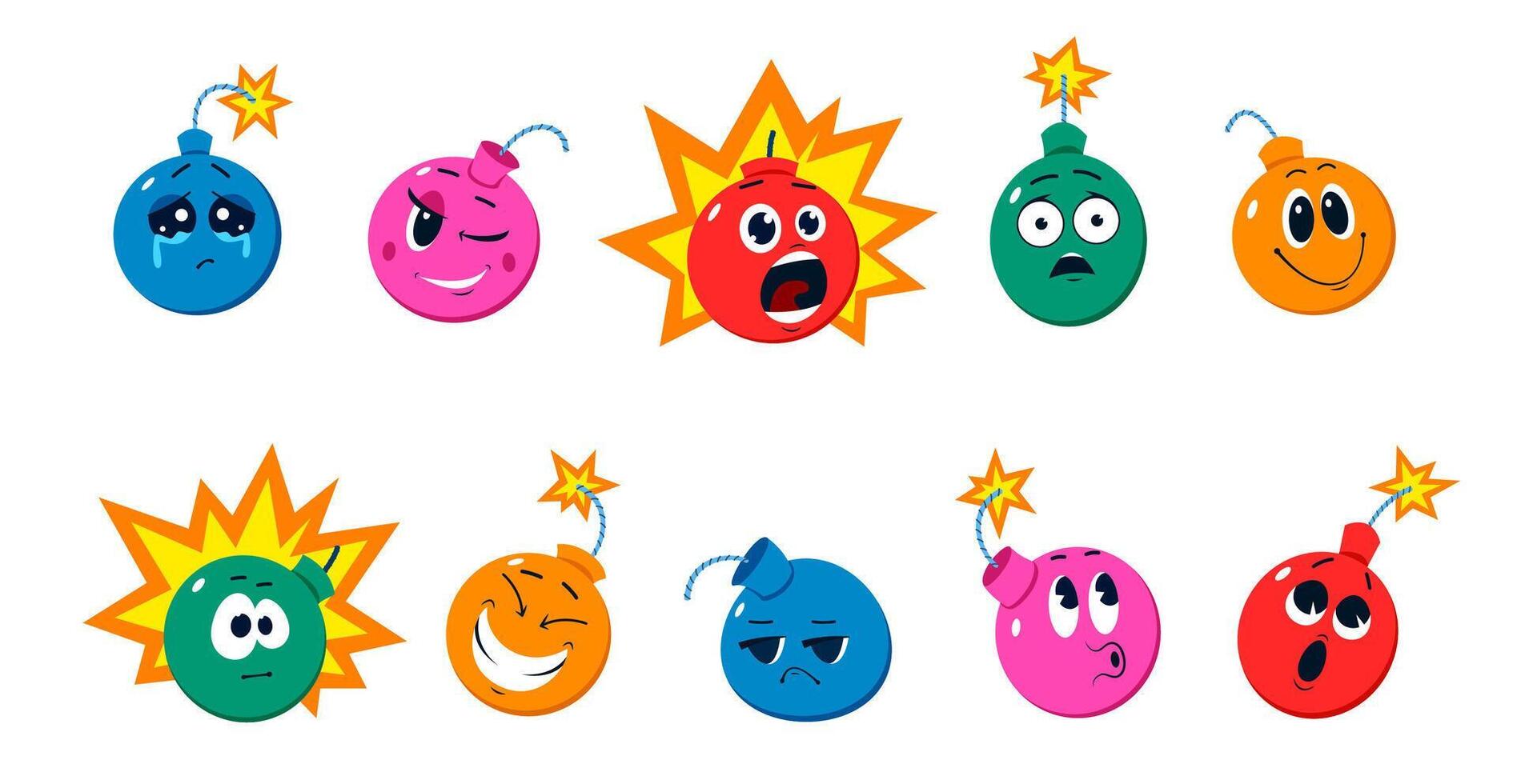 Cartoon funny bomb characters isolated set vector