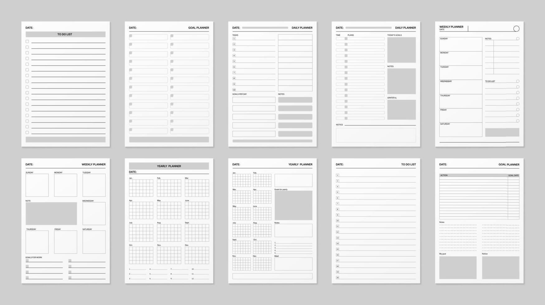 Planner page schedule templates, 3d set vector