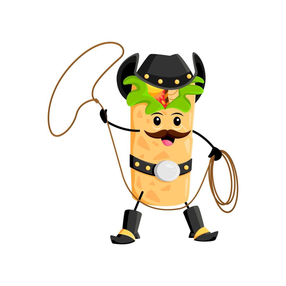 Cartoon burrito cowboy, sheriff, bandit with lasso vector