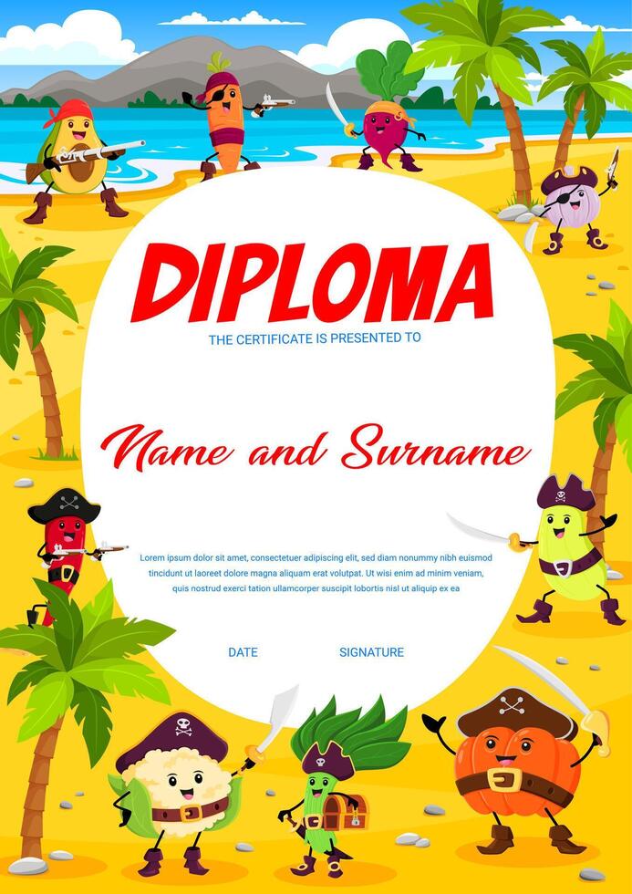 Kids diploma, cartoon vegetable pirate on island vector