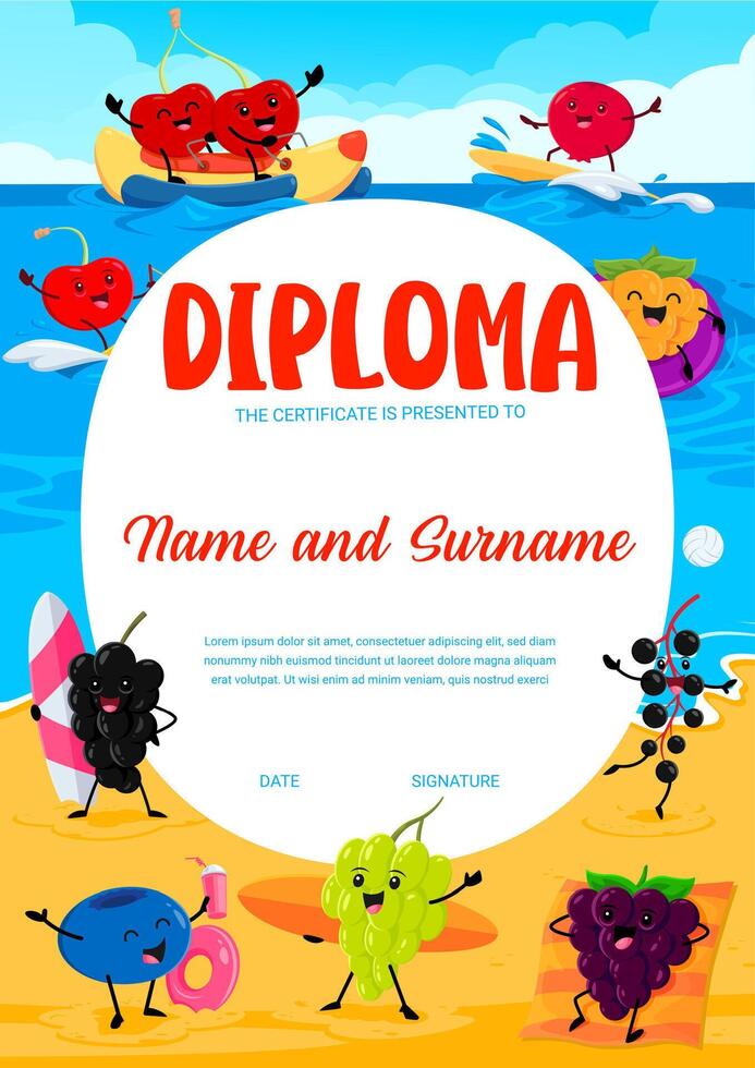 Kids diploma with berry characters on vacation vector