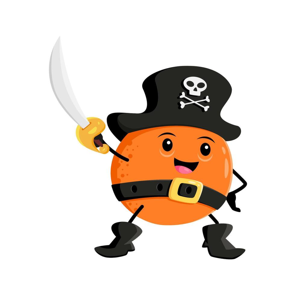Cartoon orange fruit pirate and corsair with saber vector