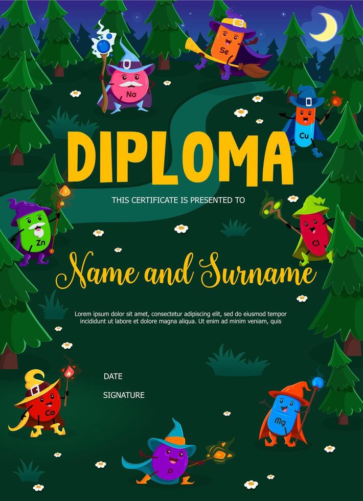 Kids diploma, mineral and micronutrient wizards vector