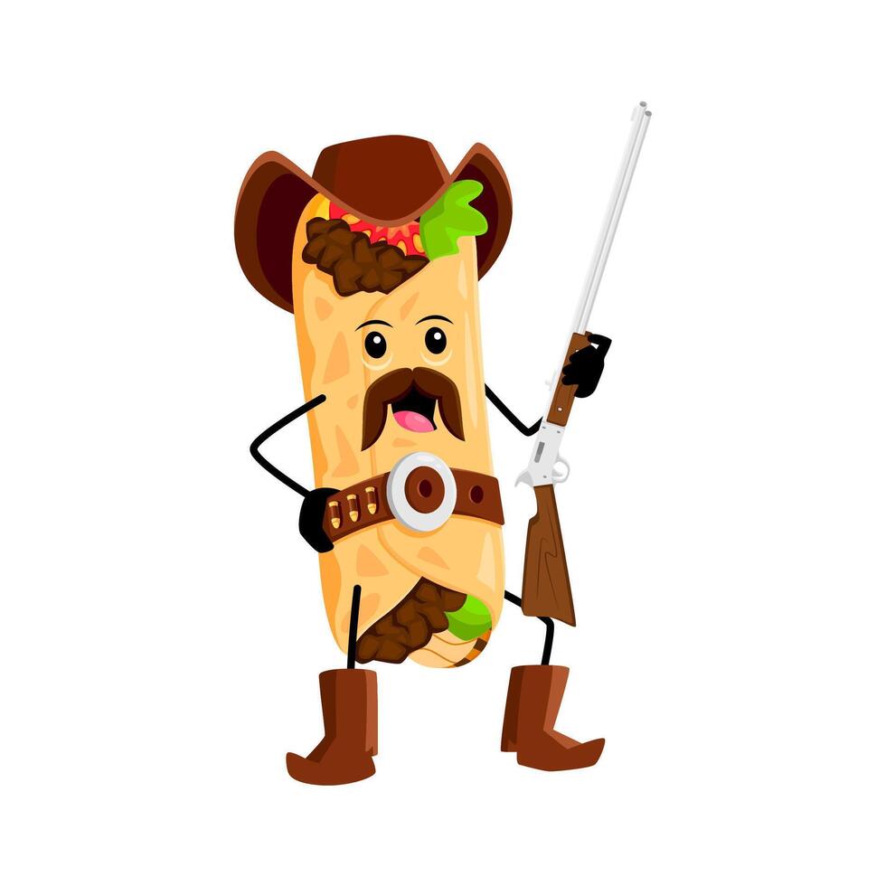 Cartoon burrito cowboy, sheriff, bandit with rifle vector