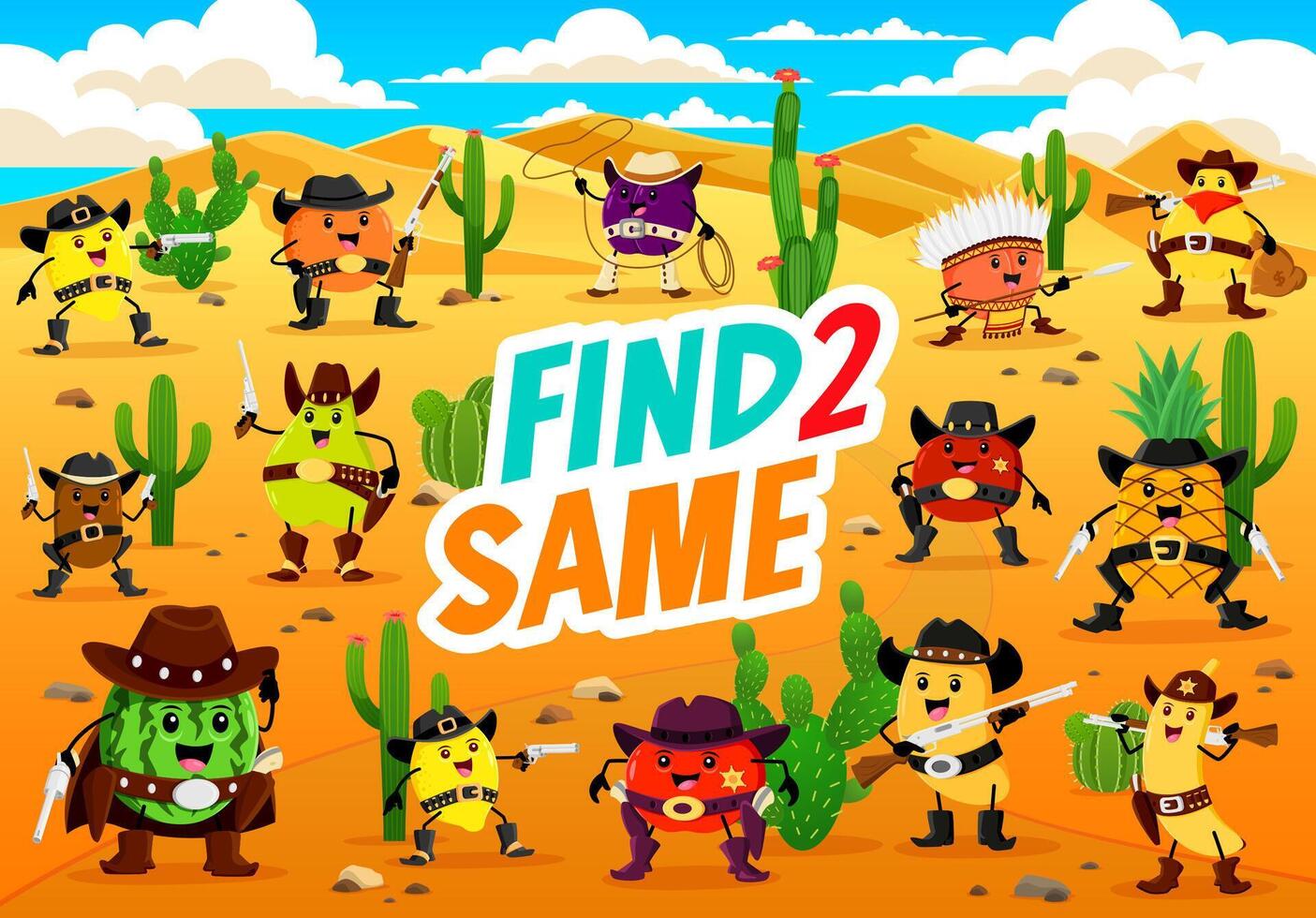 Wild West game find two same cartoon cowboy fruits vector