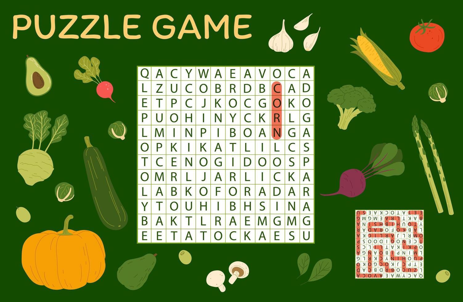 Word search puzzle game. Harvest raw vegetables vector