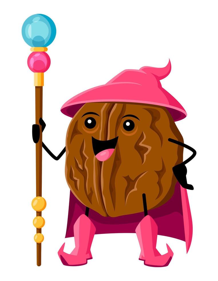 Cartoon walnut nut funny wizard warlock character vector