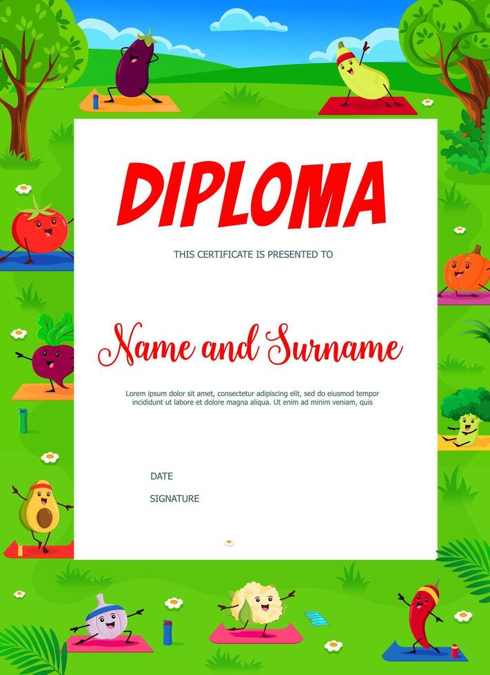 Kids diploma template. Funny vegetables on yoga vector