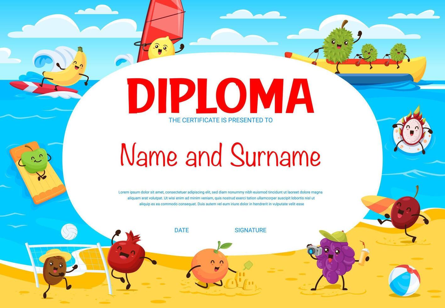 Kids diploma with cartoon fruits on summer beach vector