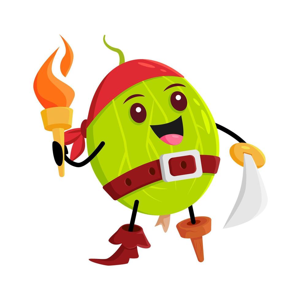 Cartoon gooseberry pirate with saber and torch vector