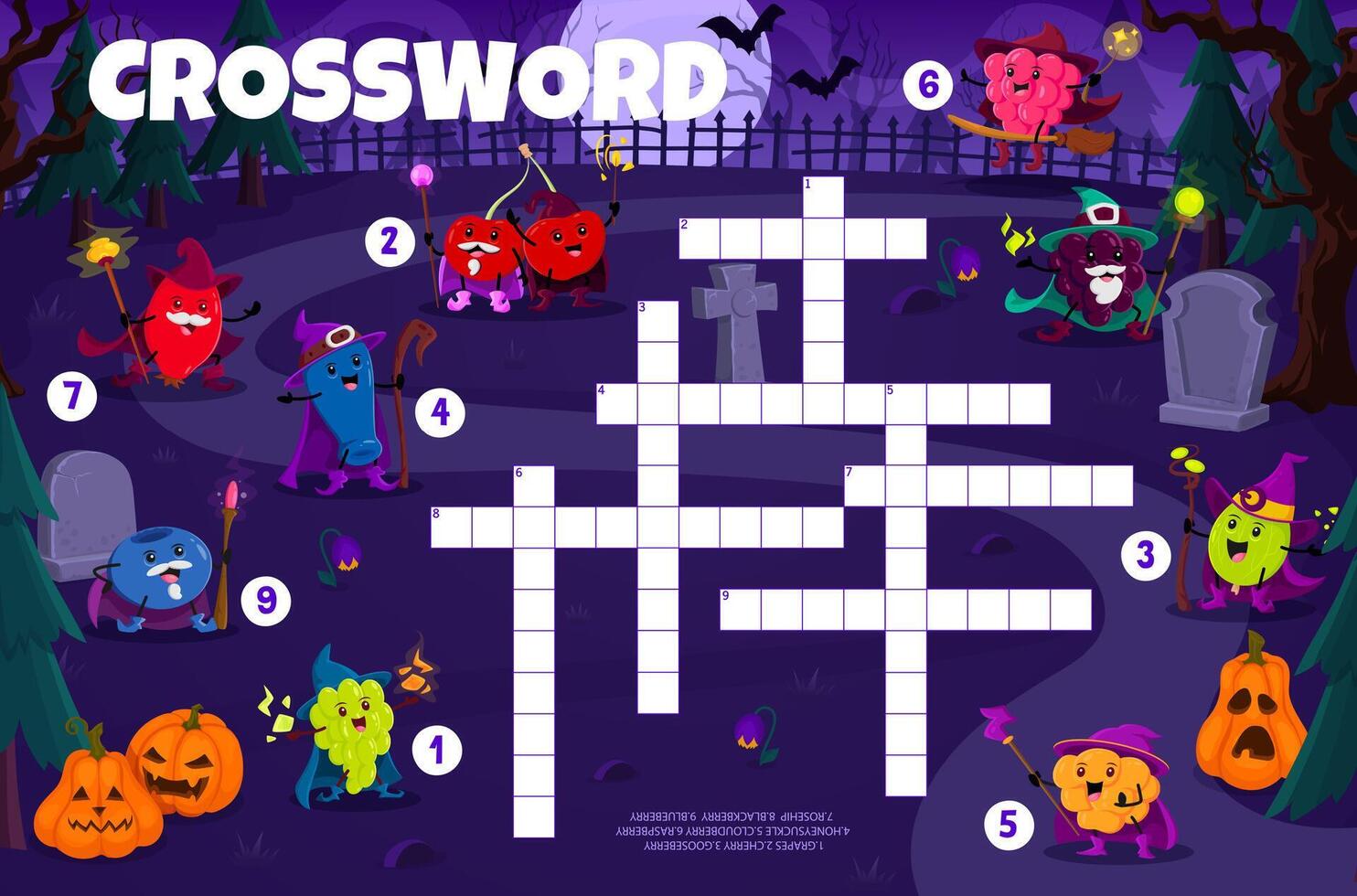Crossword game Halloween cartoon berry wizards vector