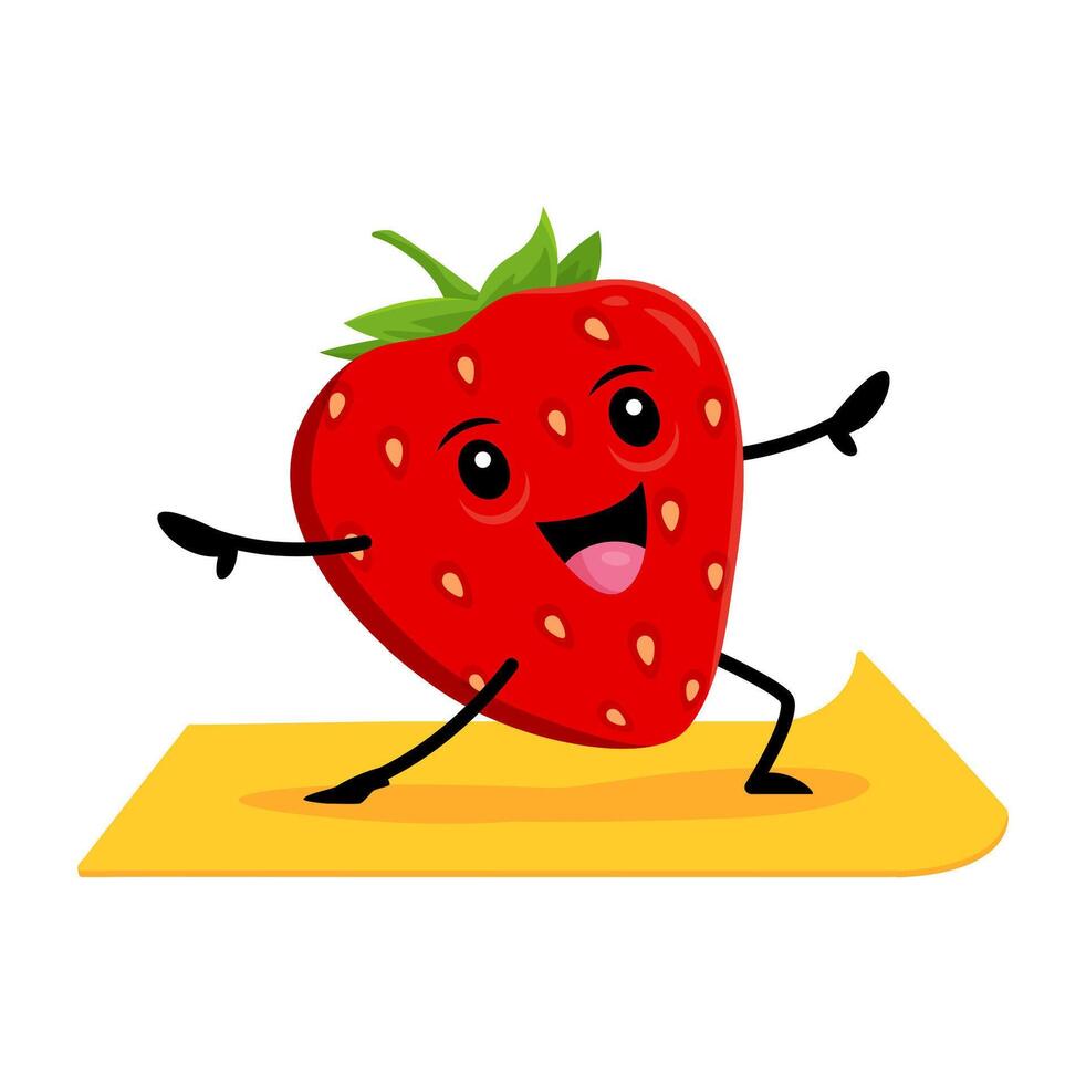 Cartoon strawberry berry character on yoga fitness vector
