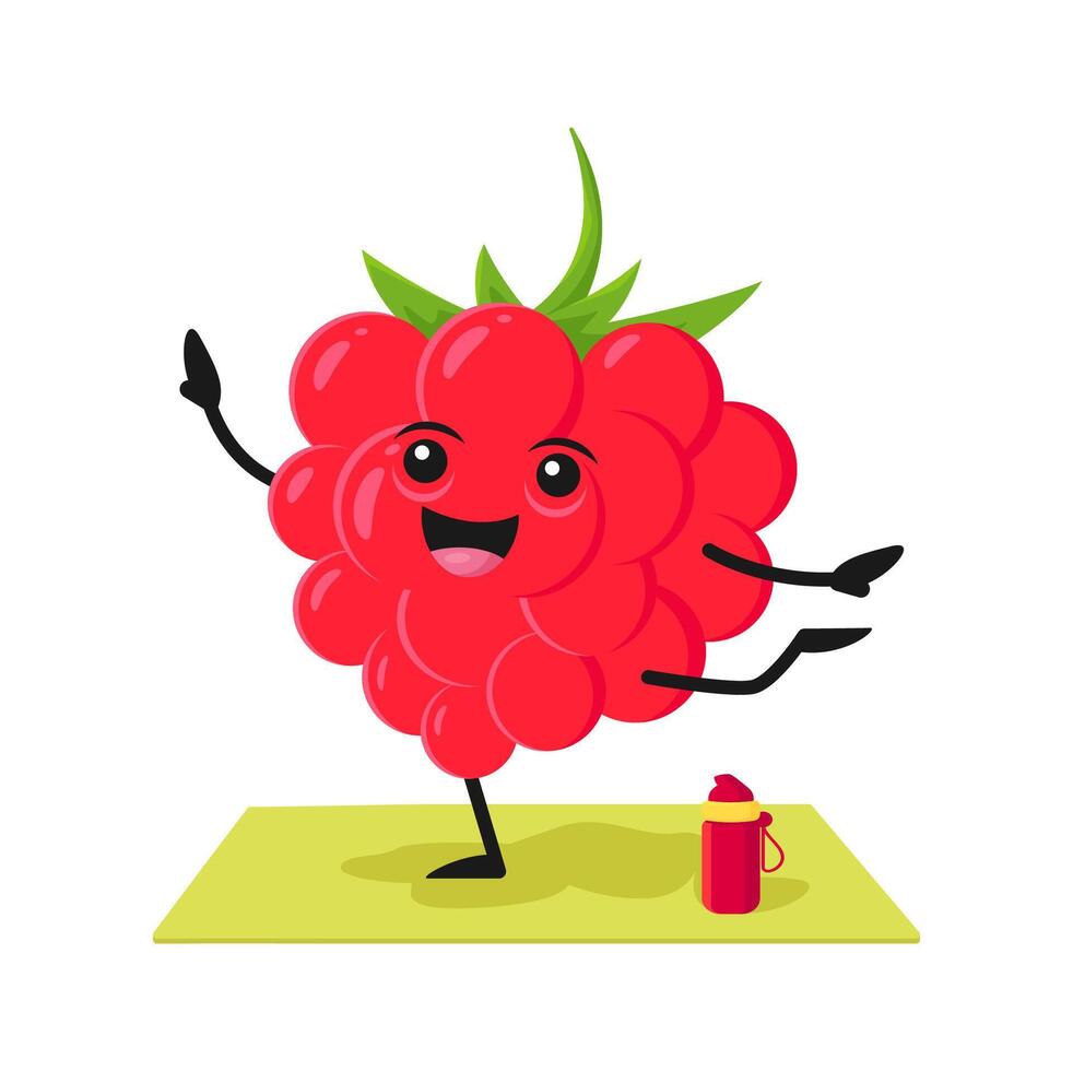 Cartoon raspberry berry character doing yoga vector