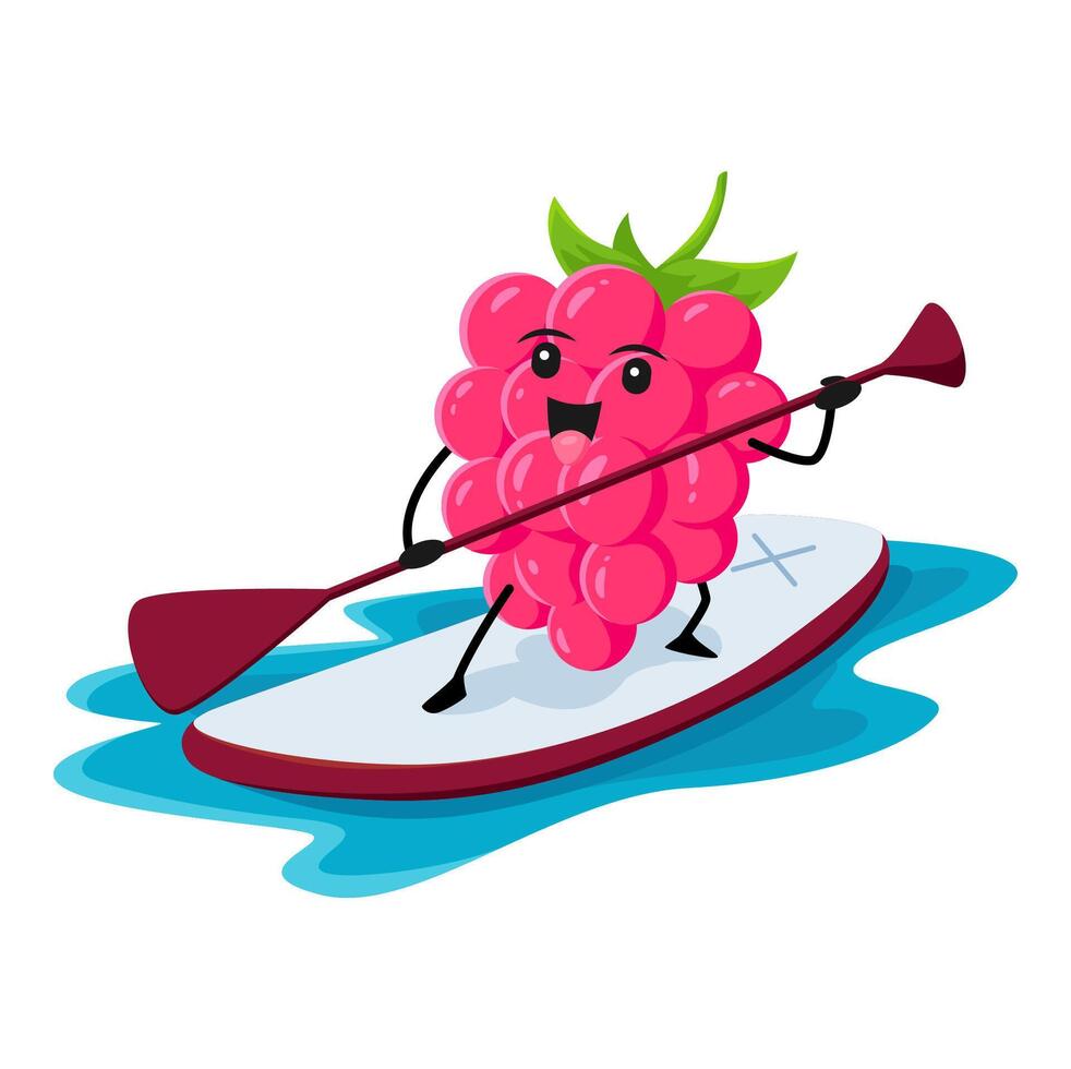 Cartoon raspberry character float on supboard vector