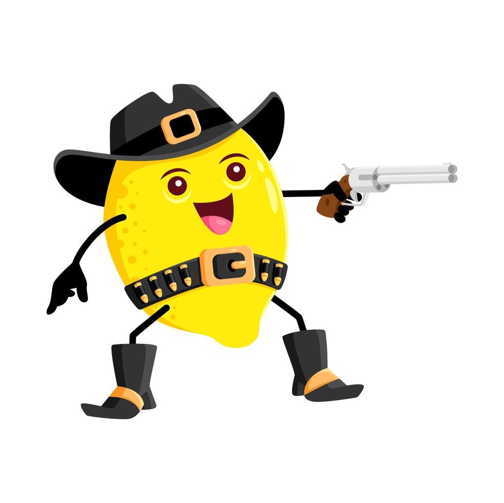 Cartoon lemon fruit cowboy, sheriff, ranger shoot vector