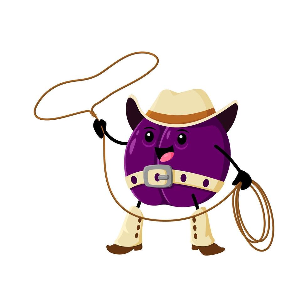 Cartoon plum fruit cowboy, sheriff, ranger, bandit vector