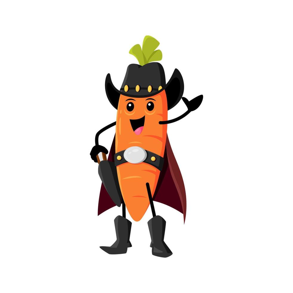 Cartoon carrot vegetable cowboy, sheriff, robber vector