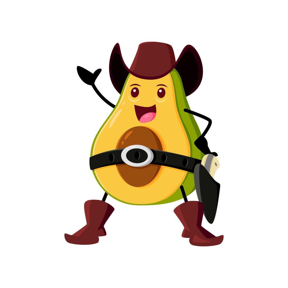 Cartoon avocado vegetable cowboy, sheriff, ranger vector