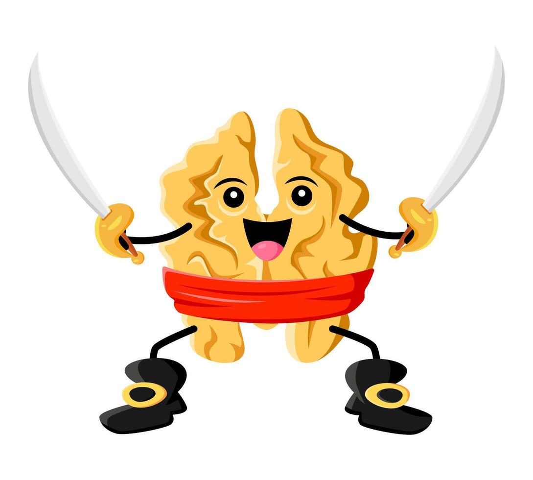 Cartoon walnut nut pirate character, kernel vector