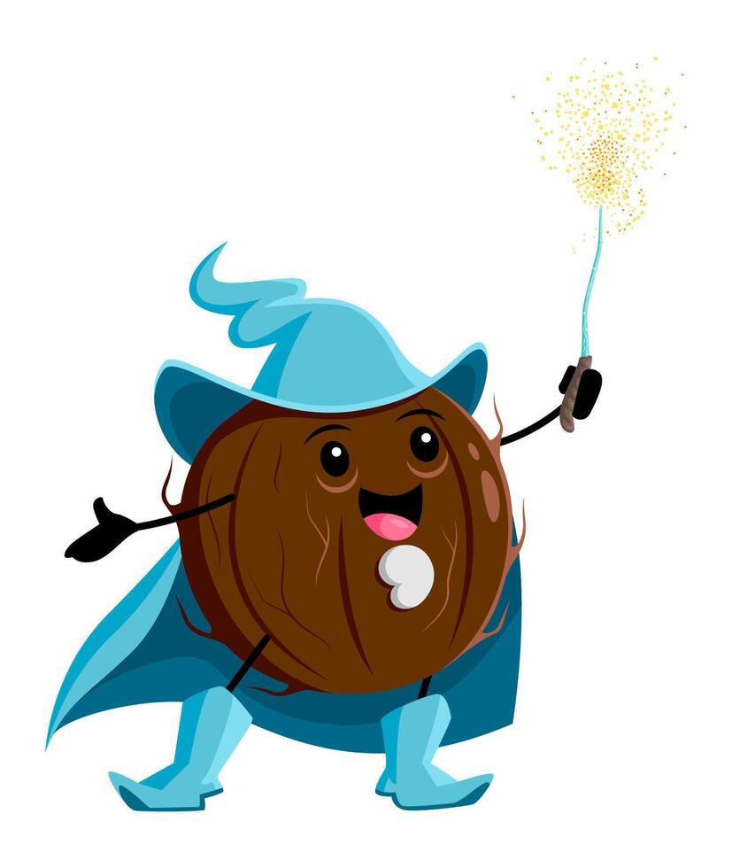 Cartoon coconut wizard character, unpeeled nut vector