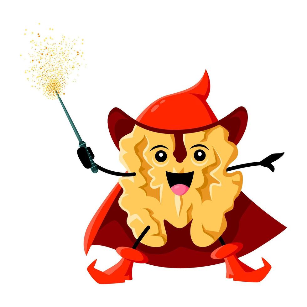 Cartoon walnut wizard character with magic wand vector