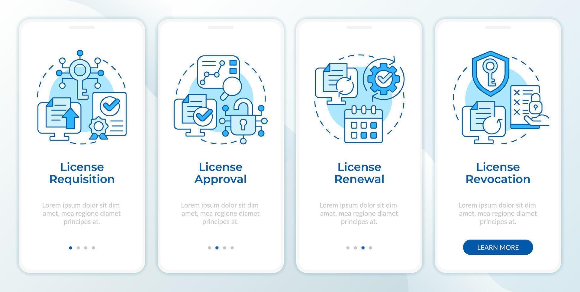License management workflow blue onboarding mobile app screen. Walkthrough 4 steps editable graphic instructions with linear concepts. UI, UX, GUI template vector