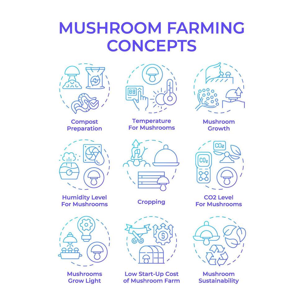 Mushroom farming blue gradient concept icons. Mushroom cultivation. Indoor farm conditions. Small business. Icon pack. Round shape illustrations. Abstract idea. Easy to use in article vector
