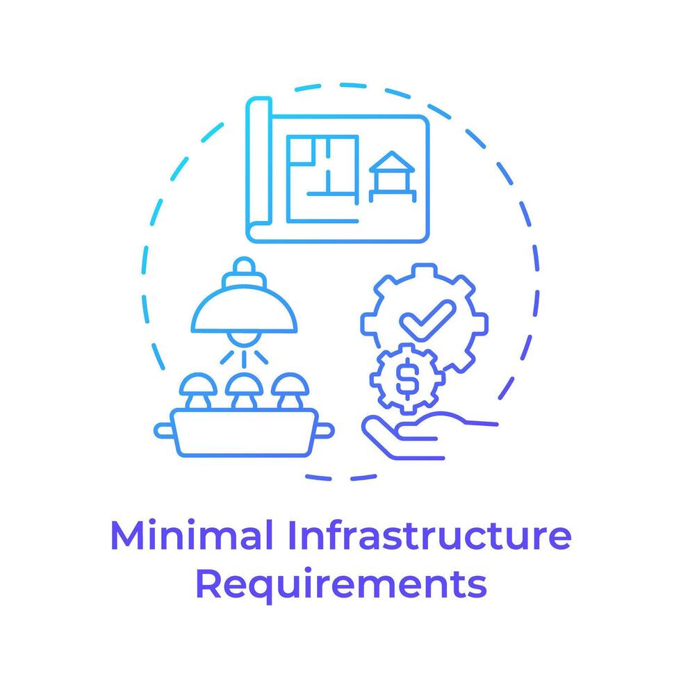 Minimal infrastructure requirement blue gradient concept icon. Mushroom farming benefit. Farming equipment. Round shape line illustration. Abstract idea. Graphic design. Easy to use in article vector