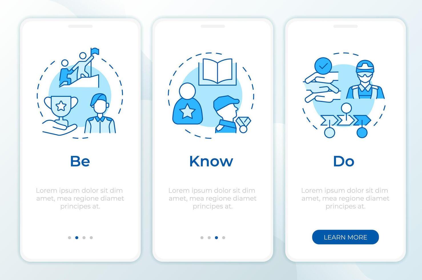 Army leadership pillars blue onboarding mobile app screen. Walkthrough 3 steps editable graphic instructions with linear concepts. UI, UX, GUI template vector
