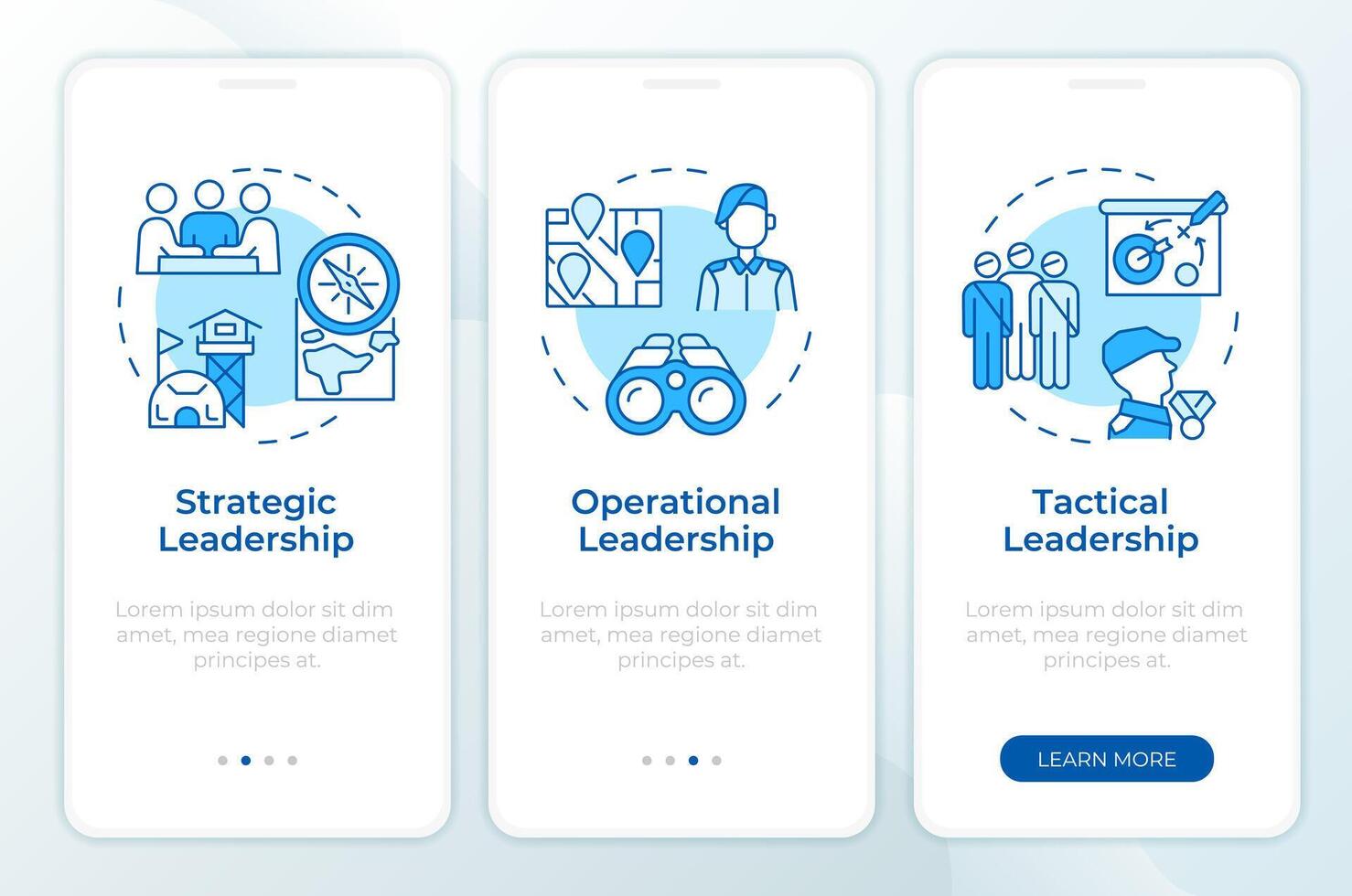 Army leadership organization blue onboarding mobile app screen. Walkthrough 3 steps editable graphic instructions with linear concepts. UI, UX, GUI template vector