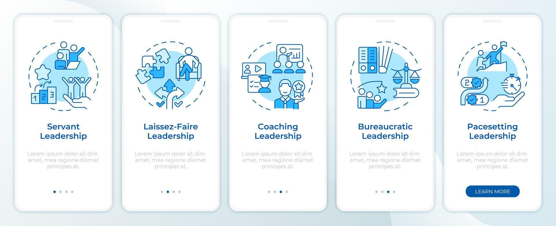 Styles of leadership management blue onboarding mobile app screen. Walkthrough 5 steps editable graphic instructions with linear concepts. UI, UX, GUI template vector