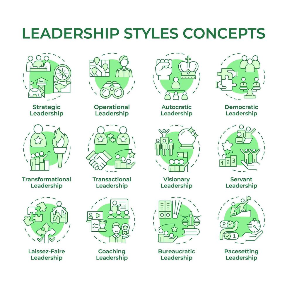 Leadership styles green concept icons. Professional development, military command. Army service. Icon pack. Round shape illustrations for infographic, presentation. Abstract idea vector
