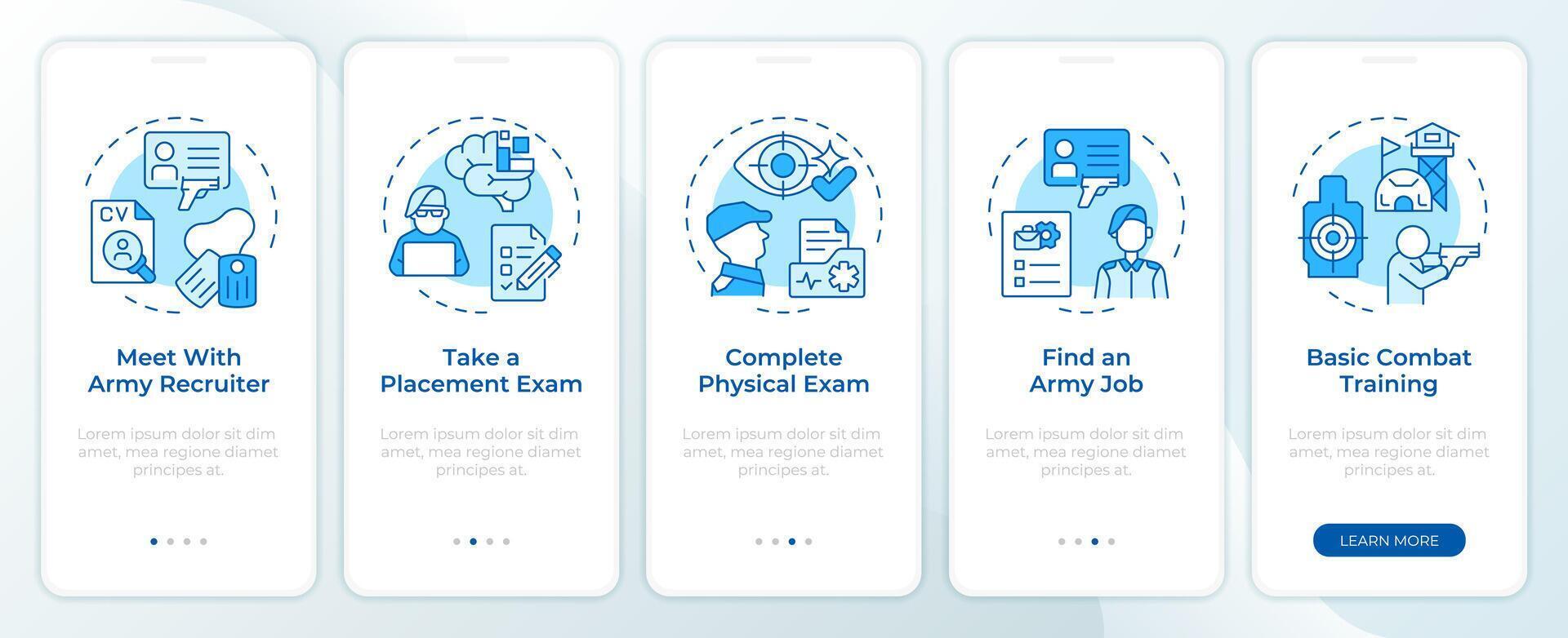 Joining the military blue onboarding mobile app screen. Walkthrough 5 steps editable graphic instructions with linear concepts. UI, UX, GUI template vector