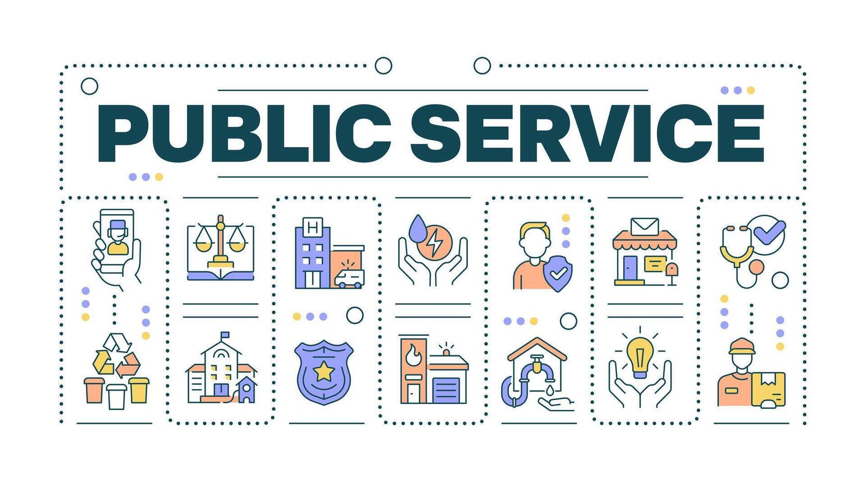 Public service word concept isolated on white. Government services. Law enforcement and healthcare. Creative illustration banner surrounded by editable line colorful icons vector