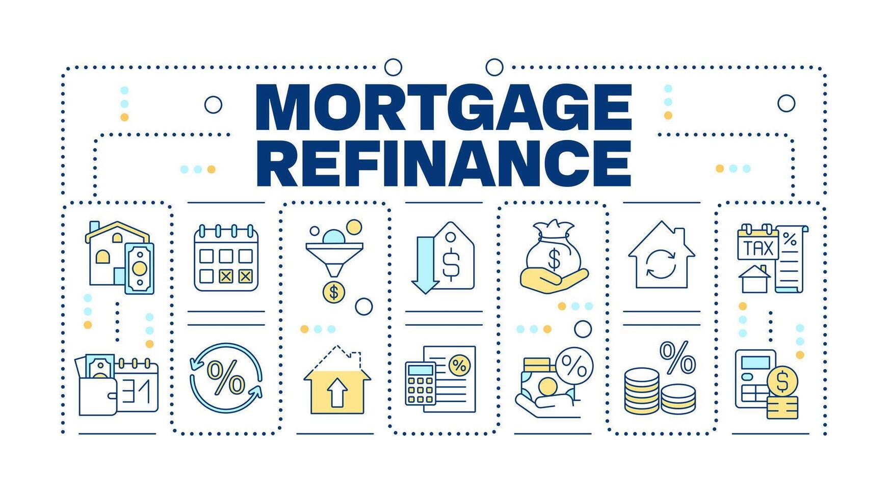 Mortgage refinancing word concept isolated on white. Financial planning. Debt consolidation. Creative illustration banner surrounded by editable line colorful icons vector
