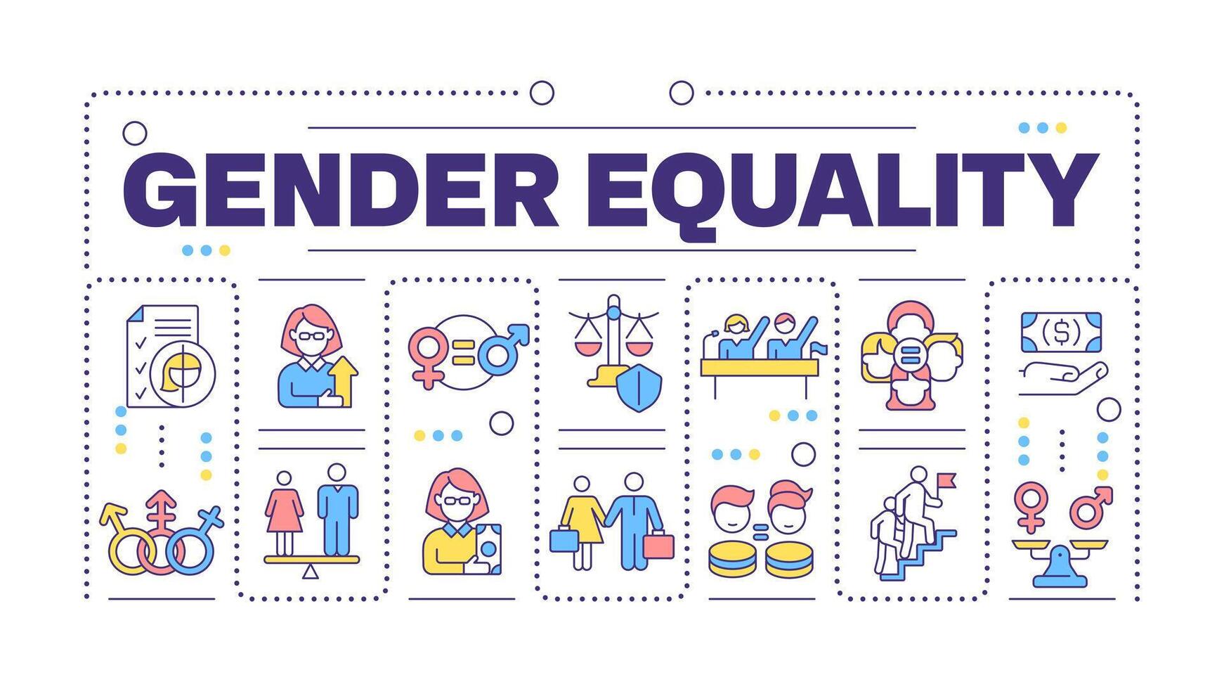 Gender equality word concept isolated on white. Workplace diversity. Equal opportunities and rights. Creative illustration banner surrounded by editable line colorful icons vector
