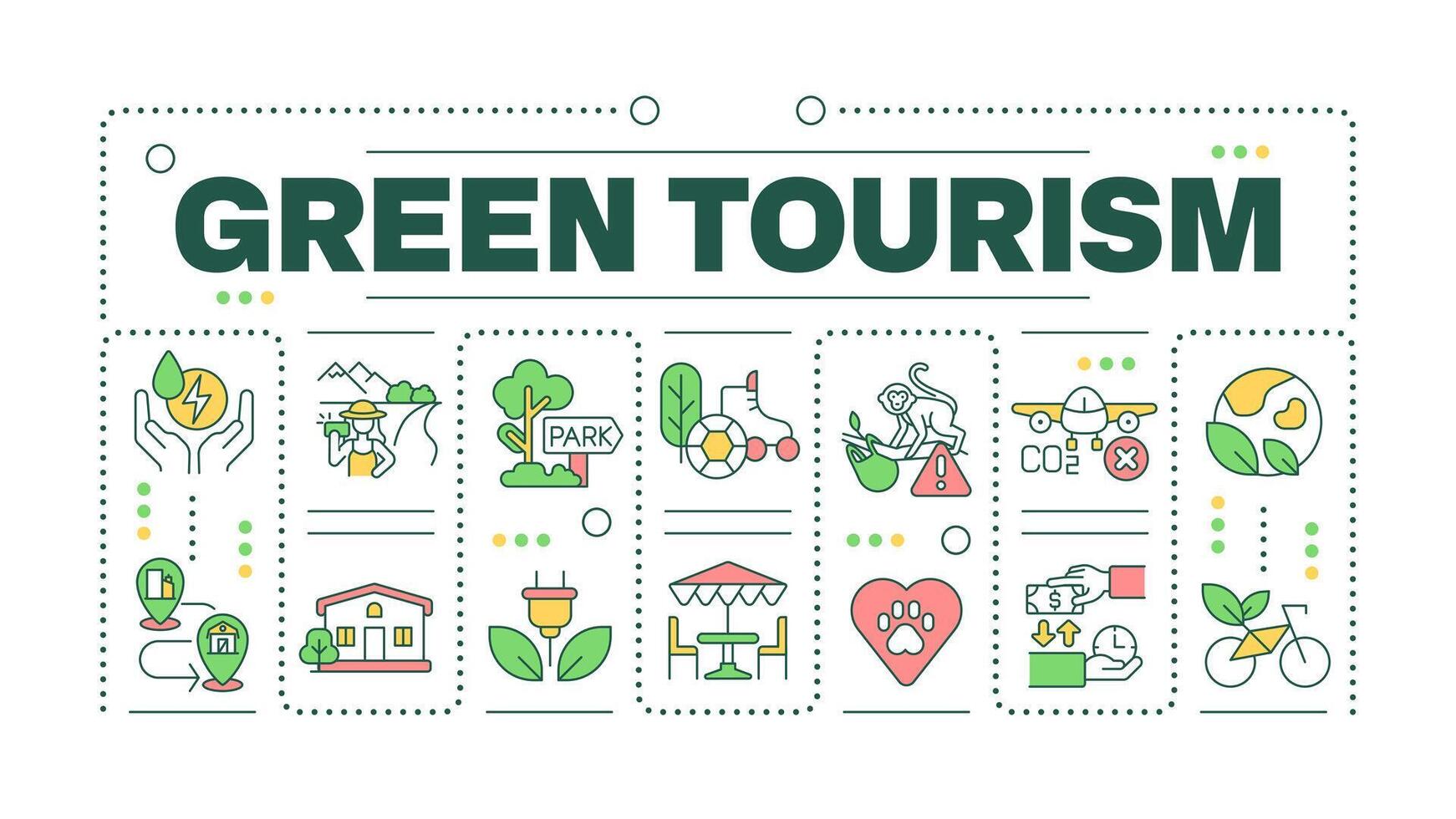 Green tourism word concept isolated on white. Wildlife protection. Nature conservation. Creative illustration banner surrounded by editable line colorful icons vector