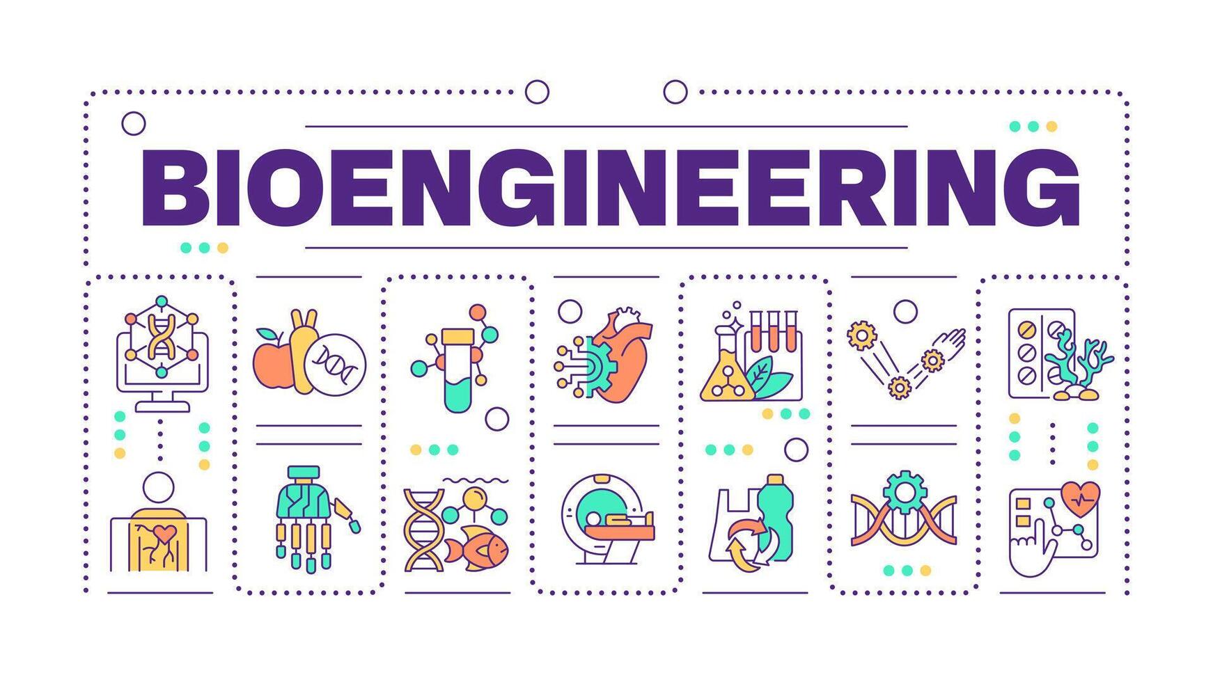Bioengineering word concept isolated on white. Genetic engineering. Medical devices. DNA. Bioinformatics. Creative illustration banner surrounded by editable line colorful icons vector
