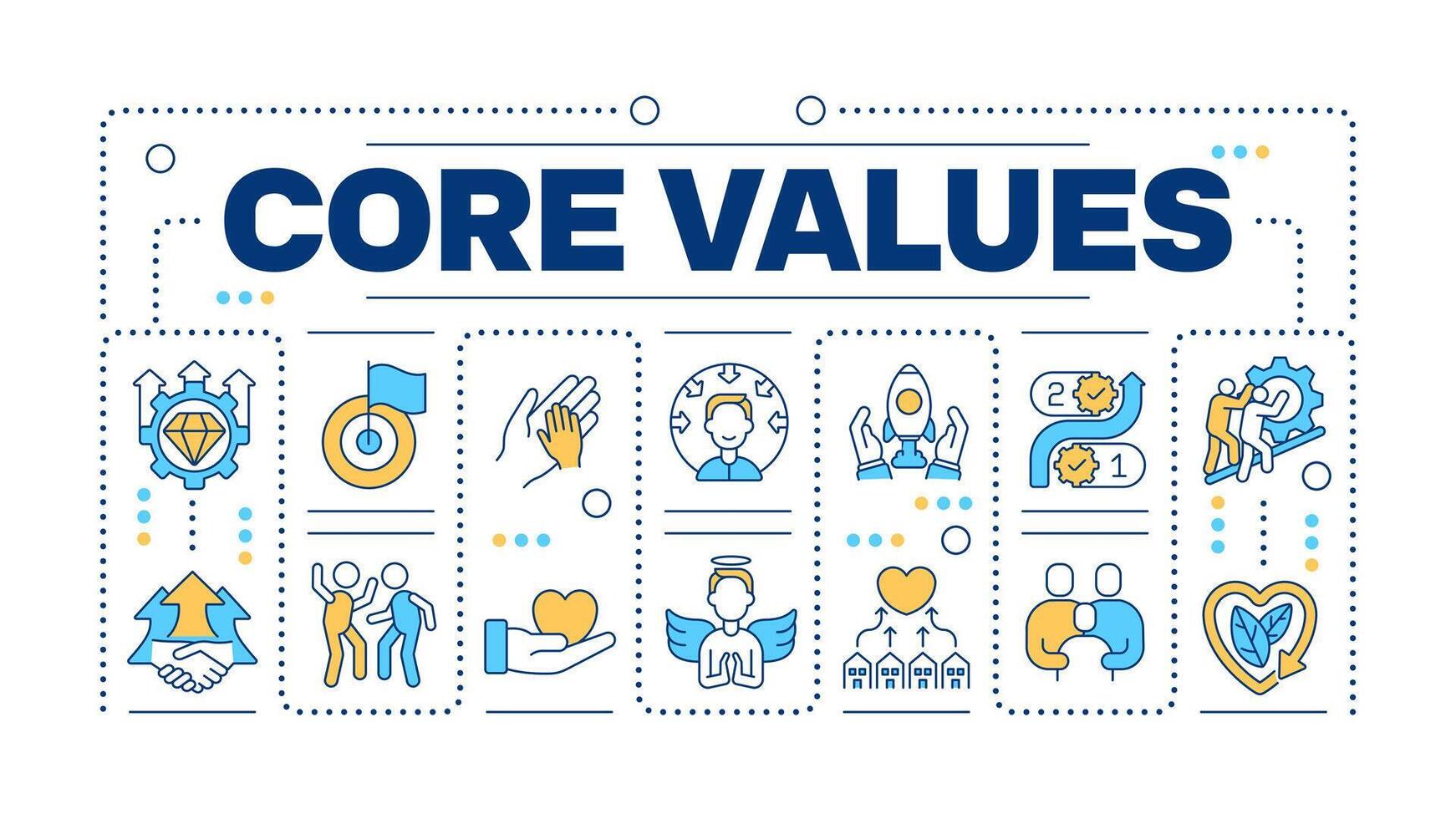 Core values word concept isolated on white. Company principles. Social responsibility. Business ethics. Creative illustration banner surrounded by editable line colorful icons vector