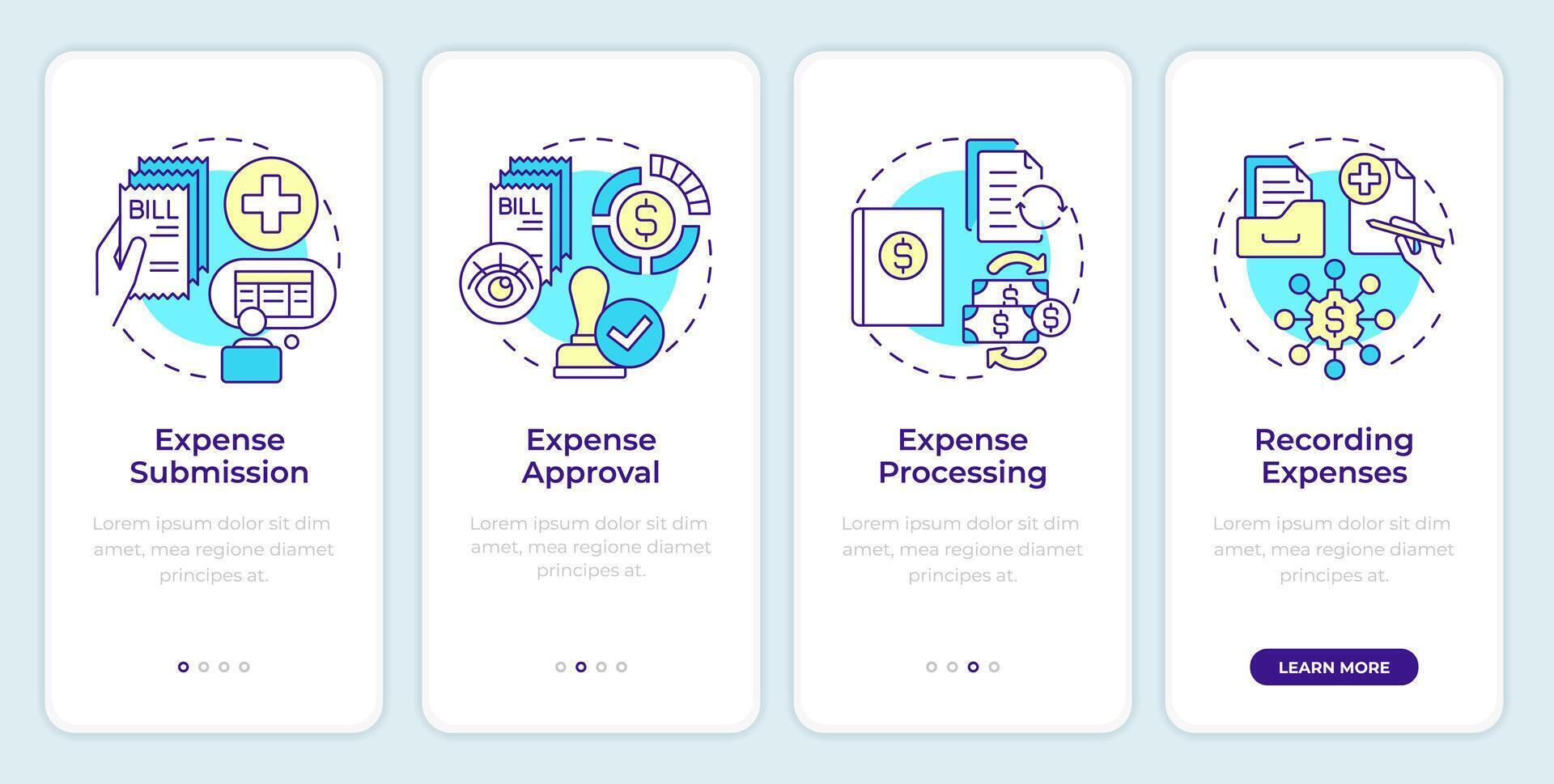 Expense management process steps onboarding mobile app screen. Walkthrough 4 steps editable graphic instructions with linear concepts. UI, UX, GUI template vector