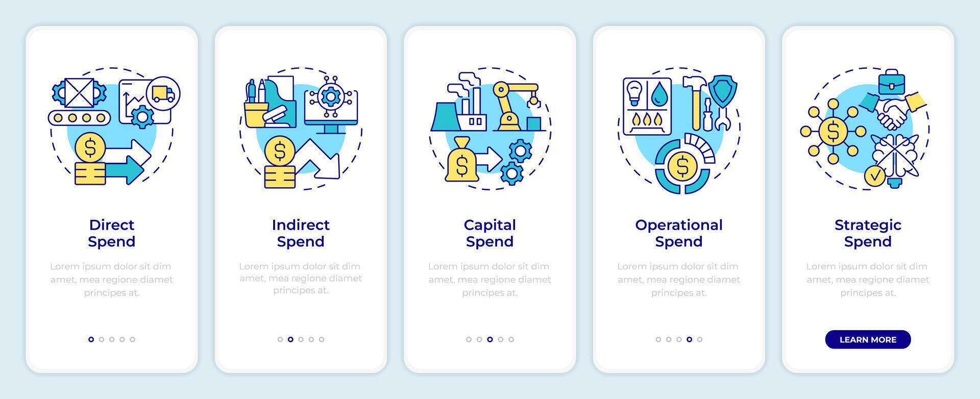 Spend types onboarding mobile app screen. Expense management. Walkthrough 5 steps editable graphic instructions with linear concepts. UI, UX, GUI template vector