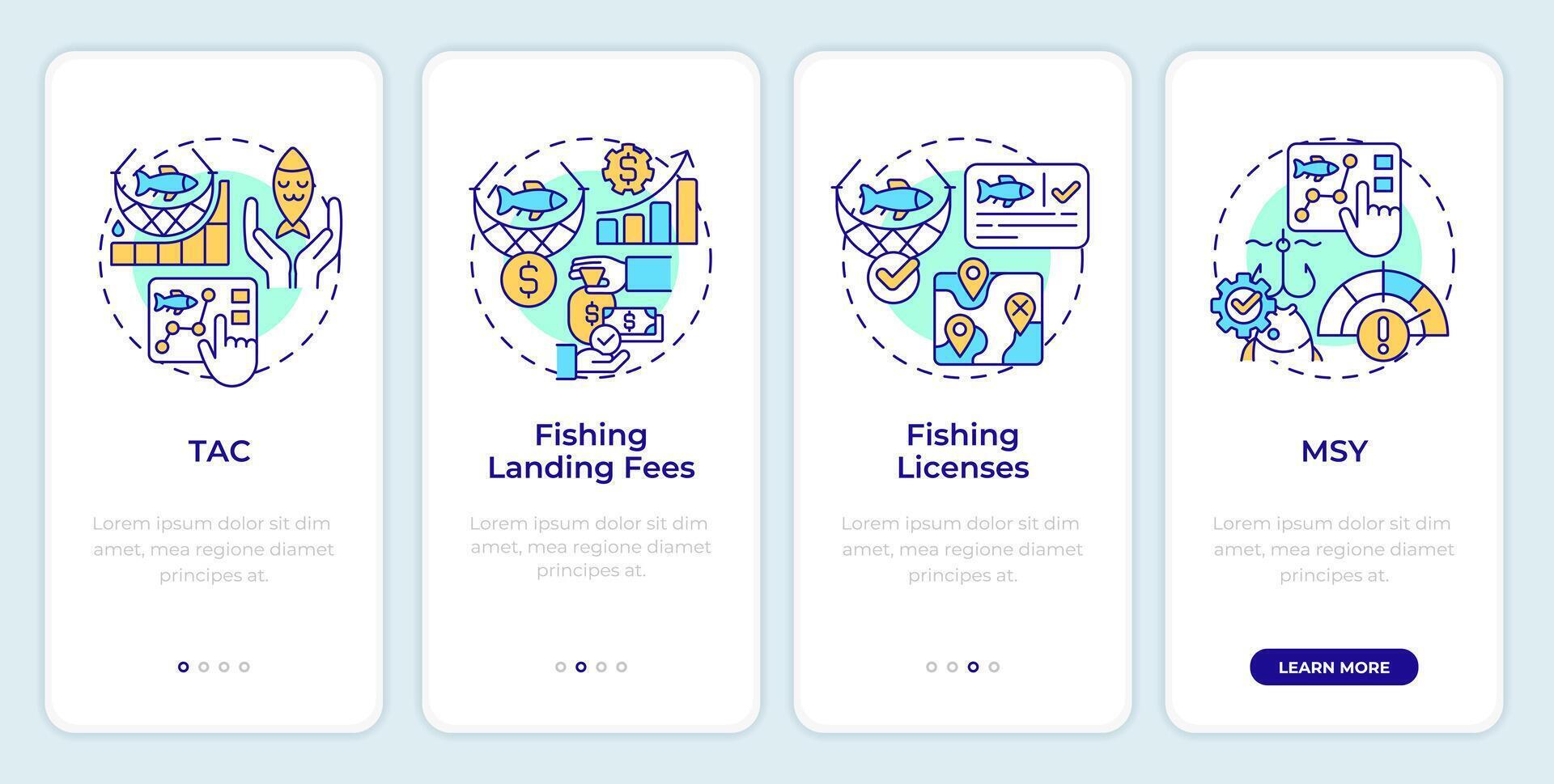 Fisheries management types onboarding mobile app screen. Walkthrough 4 steps editable graphic instructions with linear concepts. UI, UX, GUI template vector