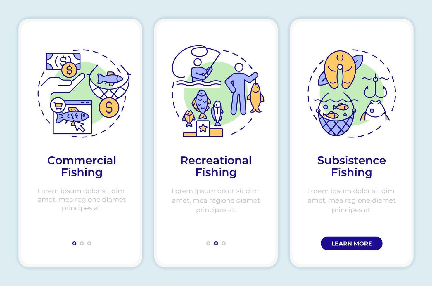 Types of fishing onboarding mobile app screen. Walkthrough 3 steps editable graphic instructions with linear concepts. UI, UX, GUI template vector