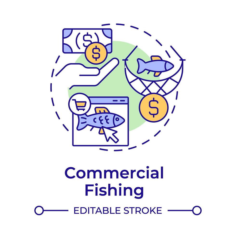 Commercial fishing multi color concept icon. Seafood production. Round shape line illustration. Abstract idea. Graphic design. Easy to use in infographic, presentation in infographic, presentation vector