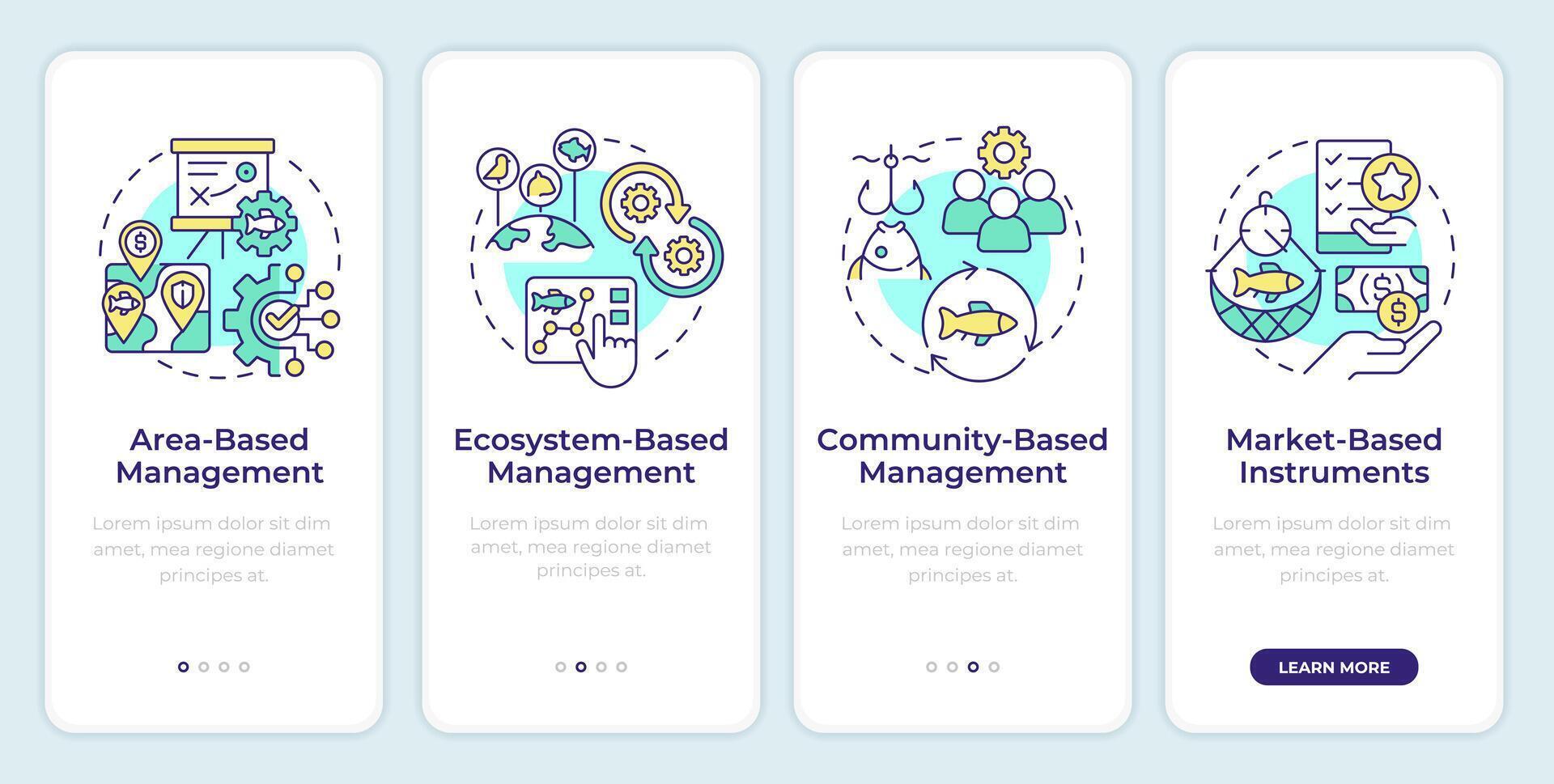 Fisheries management strategies onboarding mobile app screen. Walkthrough 4 steps editable graphic instructions with linear concepts. UI, UX, GUI template vector